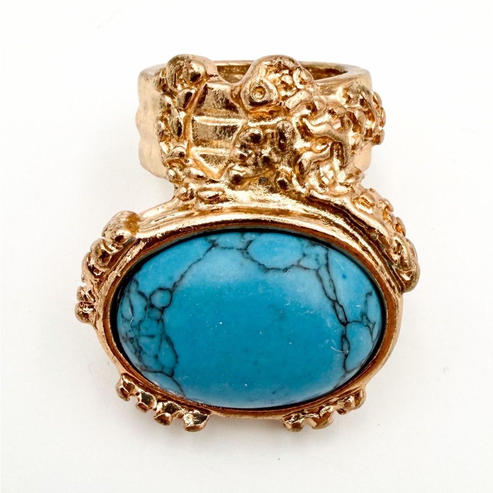 Yves Saint Laurent Arty Ring Turquoise Gold Tone Statement Cabochon YSL 7.5 8